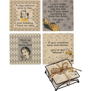 Vintage Style Stoneware Coaster Set - Drink Wine - in Wire Holder